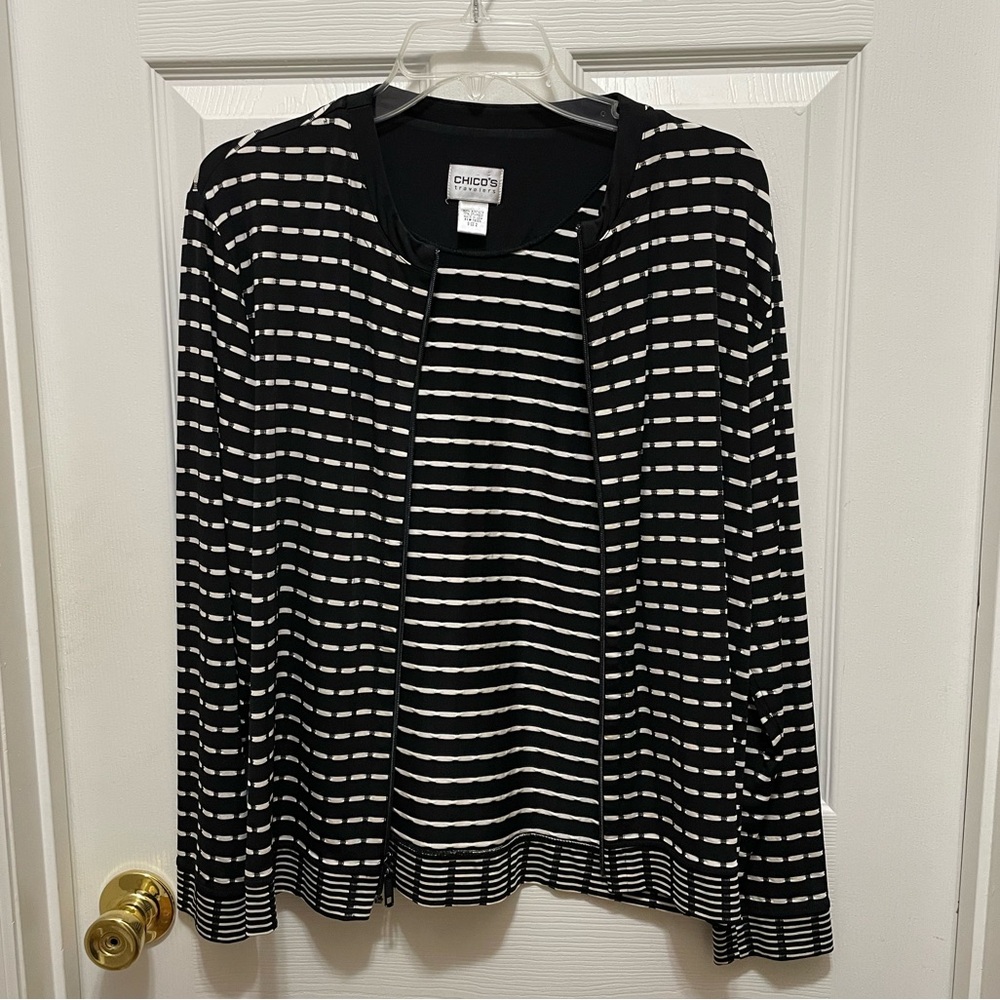 Chico's Travelers Black and White Striped Jacket